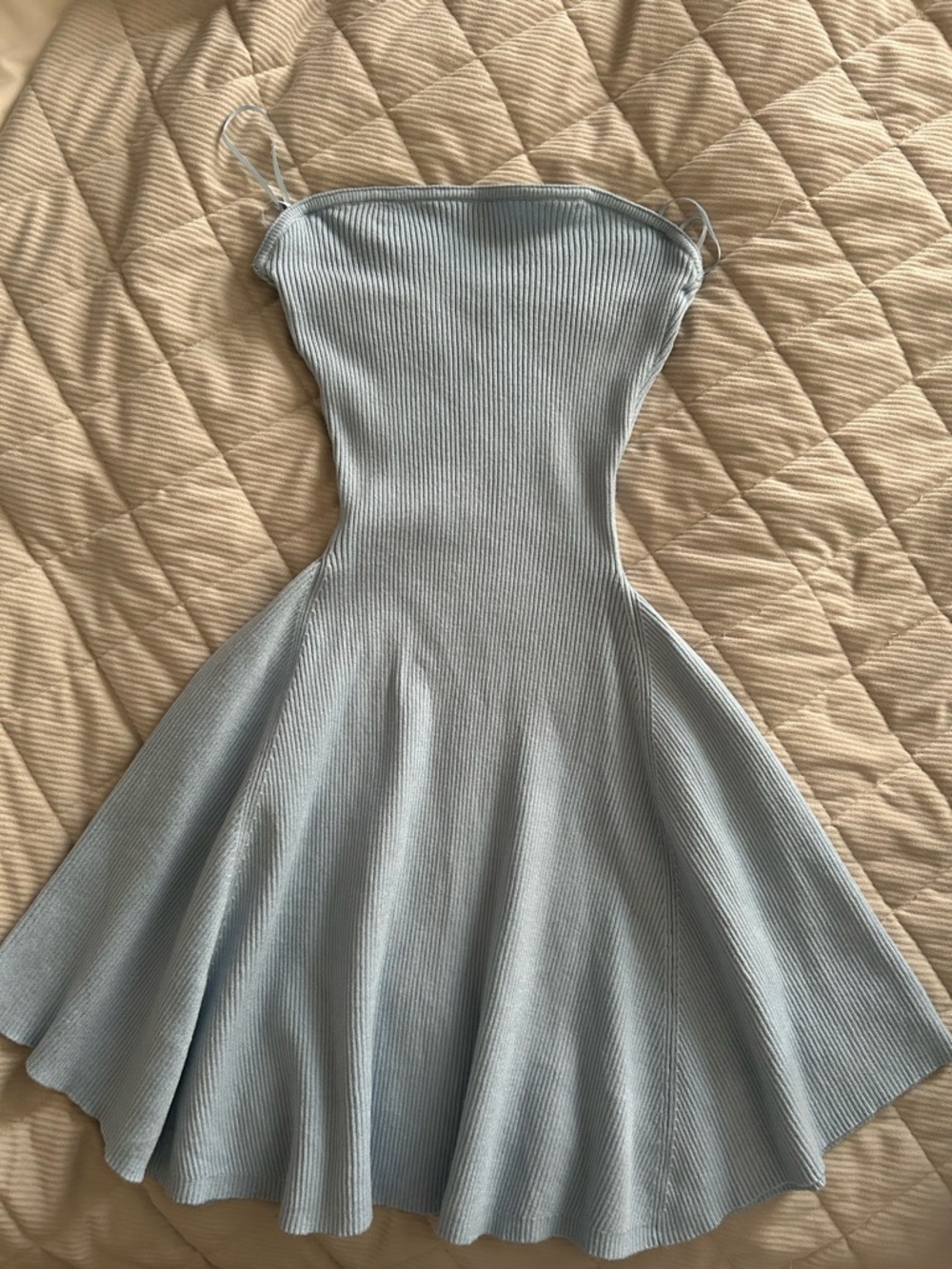Light Blue Ribbed Fit-and-Flare Strapless Dress